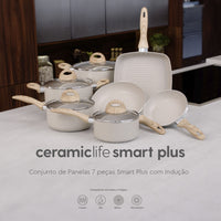 Jogo de Panelas com Indução Antiaderente Ceramic Life Smart Plus 7 Peças - areia