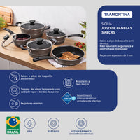 Jogo de Panelas Sicília em Alumínio com Revestimento Interno e Externo Antiaderente Starflon Excellent Avelã 5 Peças