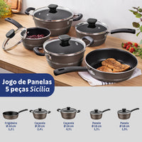 Jogo de Panelas Sicília em Alumínio com Revestimento Interno e Externo Antiaderente Starflon Excellent Avelã 5 Peças