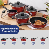 Jogo de Panelas Sicília em Alumínio com Revestimento Interno e Externo Antiaderente Starflon Excellent Vermelho 5 Peças