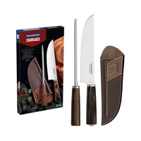 Jogo de Facas com Lâminas em Aço Inox e Cabos de Madeira Tratada Polywood Castanho com Chaira 02 Peças