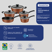 Jogo de Panelas Sicília em Alumínio com Revestimento Interno e Externo em Antiaderente Starflon Excellent Bronze 05 Peças