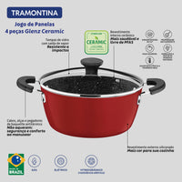 Jogo de Panelas Glenz em Alumínio com Revestimento Interno Cerâmico e Externo Siliconado Vermelho 4 Peças