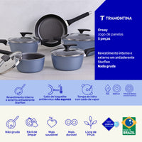 Jogo de Panelas Orsay em Alumínio com Revestimento Interno e Externo em Antiaderente Starflon Excellent Azul Ardósia 5 Peças