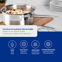 Panela Professional em Aço Inox Fundo Triplo com Tampa Plana Detalhe Satinado 20 cm 2,9 L