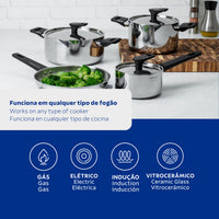 Jogo de Panelas Grano Baquelite em Aço Inox com Corpo Triplo e Cabos e Alças em Baquelite Preto 4 Peças