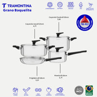 Jogo de Panelas Grano Baquelite em Aço Inox com Corpo Triplo e Cabos e Alças em Baquelite Preto 4 Peças