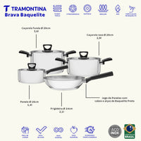 Jogo de Panelas Brava Baquelite em Aço Inox com Fundo Triplo e Cabos e Alças de Baquelite Preto 4 Peças
