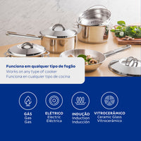 Jogo de Panelas Solar em Aço Inox com Fundo Triplo e Tampas de Inox 5 Peças