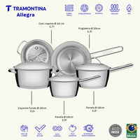 Jogo de Panelas Allegra em Aço Inox com Fundo Triplo e Tampas de Inox 5 Peças