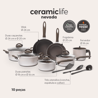 Jogo de Panelas Antiaderente Ceramic Life 10 Peças Nevada Champanhe