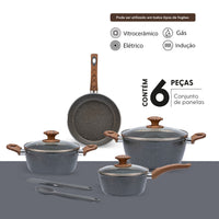 Jogo de Panelas Antiaderente Ceramic Life 6 Peças Marble Wood com Indução Cinza Escuro