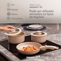 Jogo de Panelas Empilhável Fit 10 Peças Antiaderente Ceramic Life, Cabo Removível e Fundo de Indução - Areia
