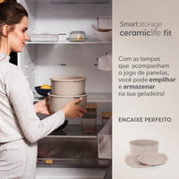 Jogo de Panelas Empilhável Fit 10 Peças Antiaderente Ceramic Life, Cabo Removível e Fundo de Indução - Areia