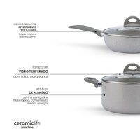 Jogo de Panelas Antiaderente Ceramic Life 5 Peças Marble Blend com Indução Cinza Claro